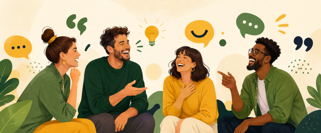 Personas compartiendo chistes y humor en español