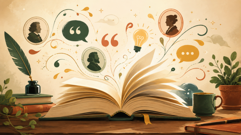 Libro abierto con símbolos de citas, conversación e ideas